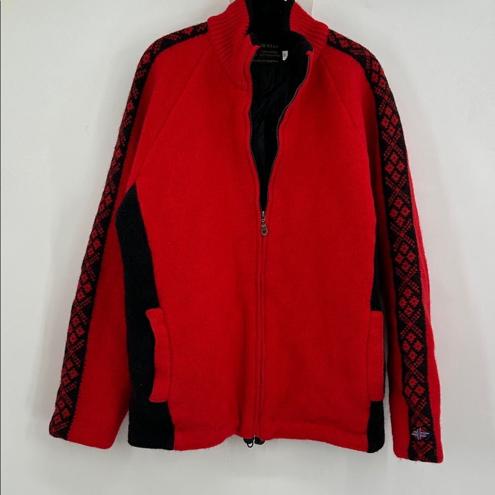 Norsk Wear Full Zip Sweater Mens Med Red Black Lined 100% Wool Fair Isle Trim